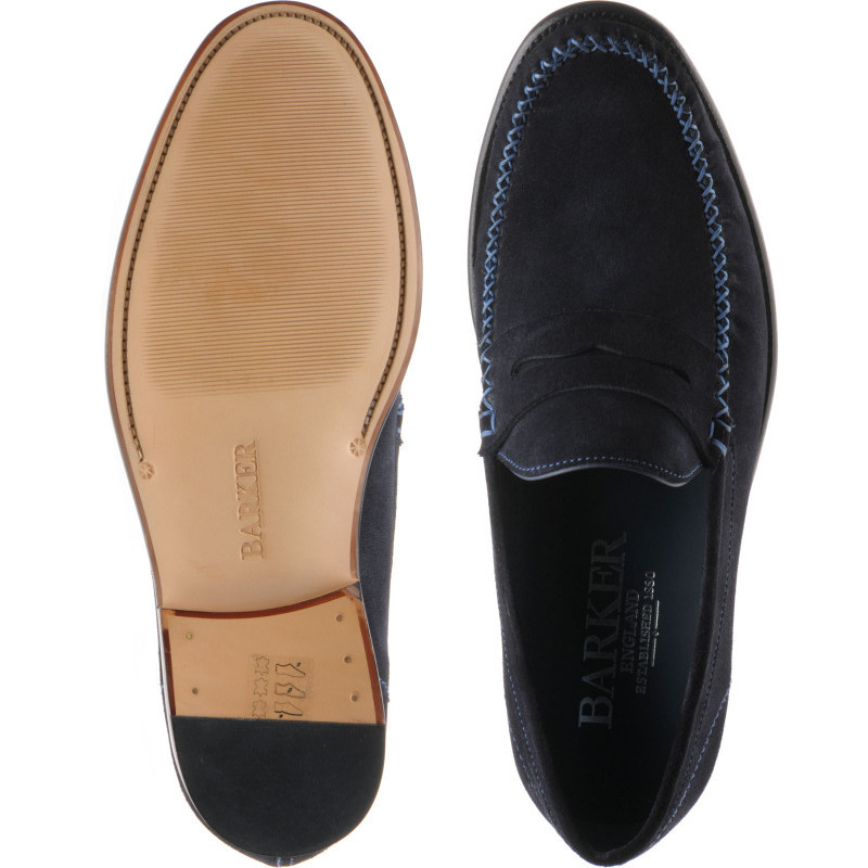 Barker shoes Barker Moccasin Collection William loafers in Dark Navy Suede Blue Stitch at Herring Shoes