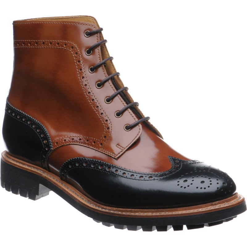 Herring shoes Herring Classic Ronan two tone rubber soled brogue boots in Black and Tan Polished at Herring Shoes